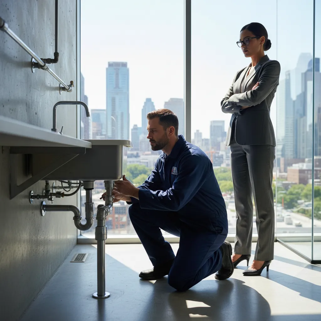 Plombier professionnel en uniforme inspectant des tuyaux sous un évier de bureau commercial, espace de travail moderne, cloisons vitrées, femme d'affaires observant, en journée, rapport d'aspect 1:1, style documentaire.