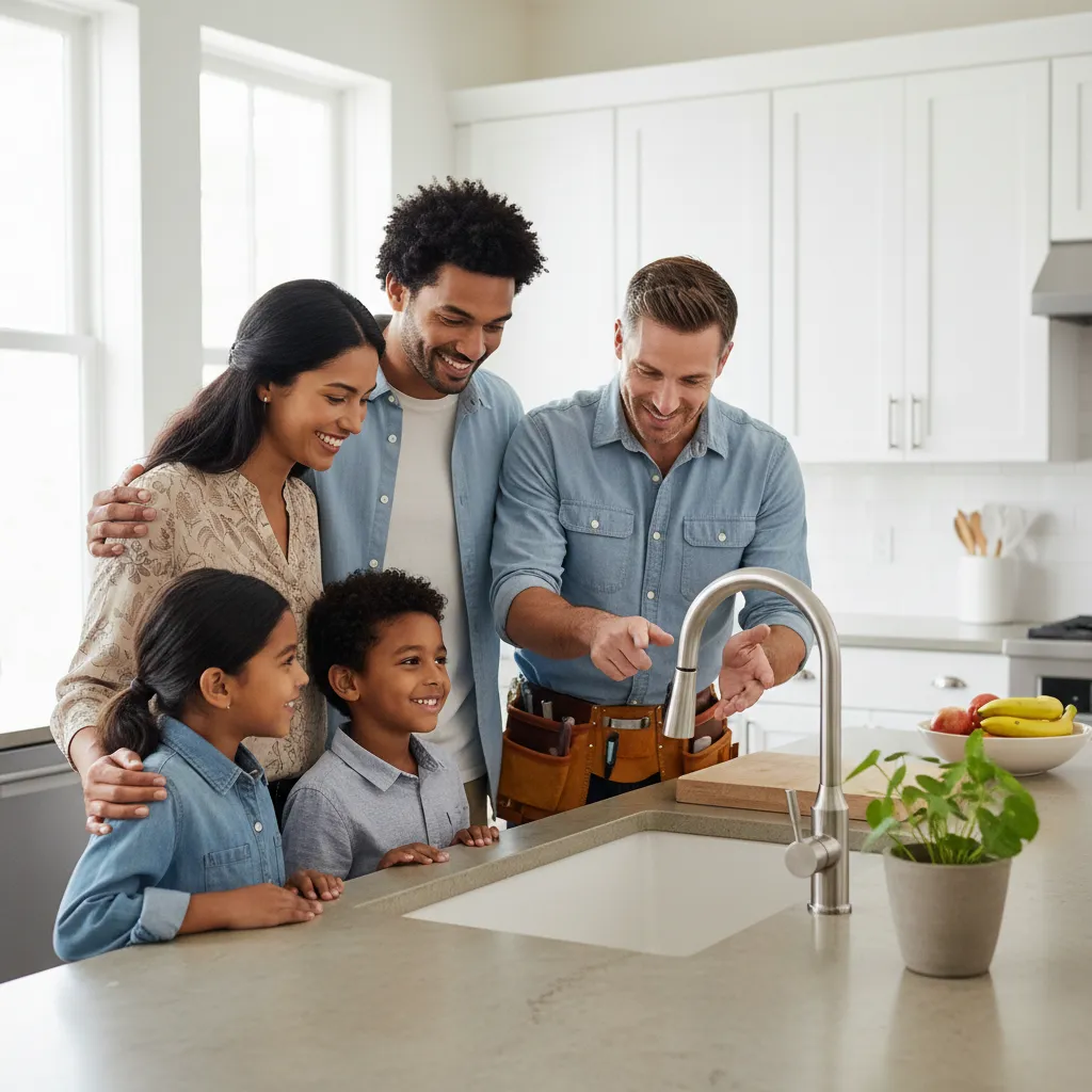 Famille souriante de quatre personnes réunie autour d'un évier de cuisine moderne, parents et enfants regardant un plombier expliquer un nouveau robinet, intérieur de maison lumineux, ethnies variées, moment spontané, format 1:1, lumière naturelle.