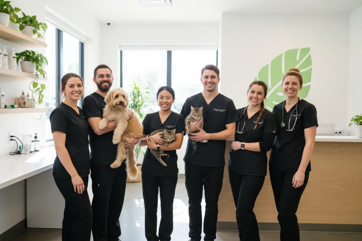 Veterinary team with diverse staff and pets in a bright clinic