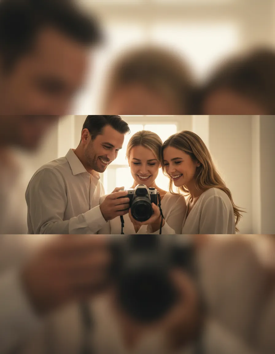 Reviewing images with a couple in a warm, intimate setting