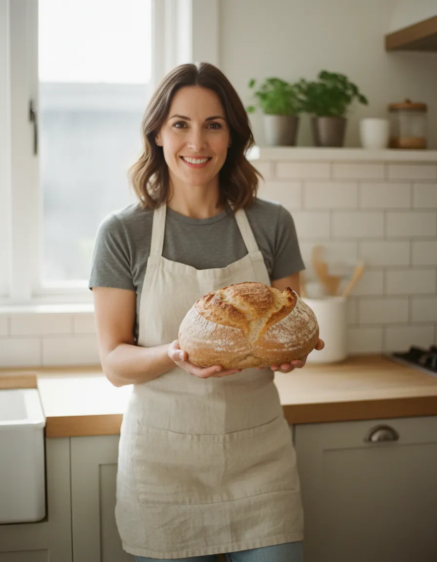 Amy smiling in a kitchen holding a loaf of bread