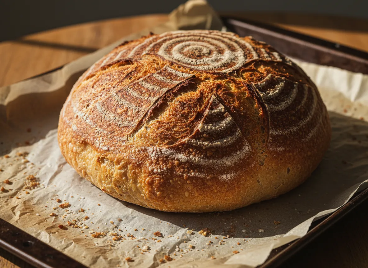 Crusty artisan sourdough loaf on parchment