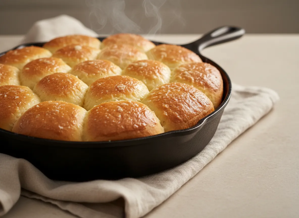 Pan of golden dinner rolls brushed with butter