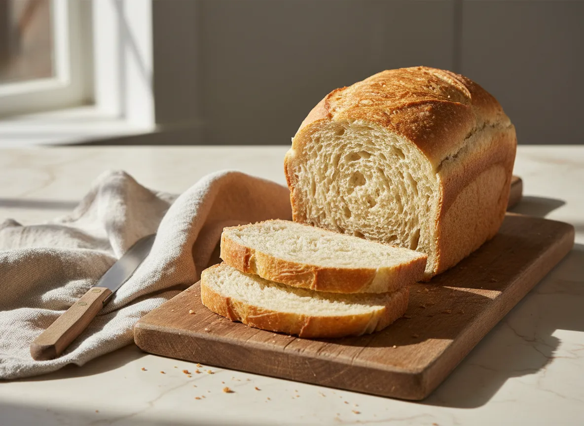 Tall loaf of soft sandwich bread on a cutting board