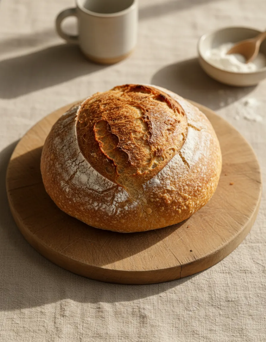 Freshly baked rustic bread loaf on a wooden board