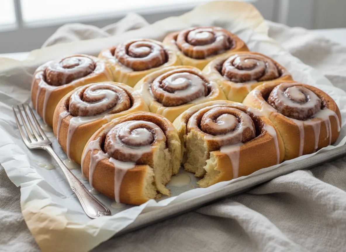 Tray of cinnamon rolls with icing