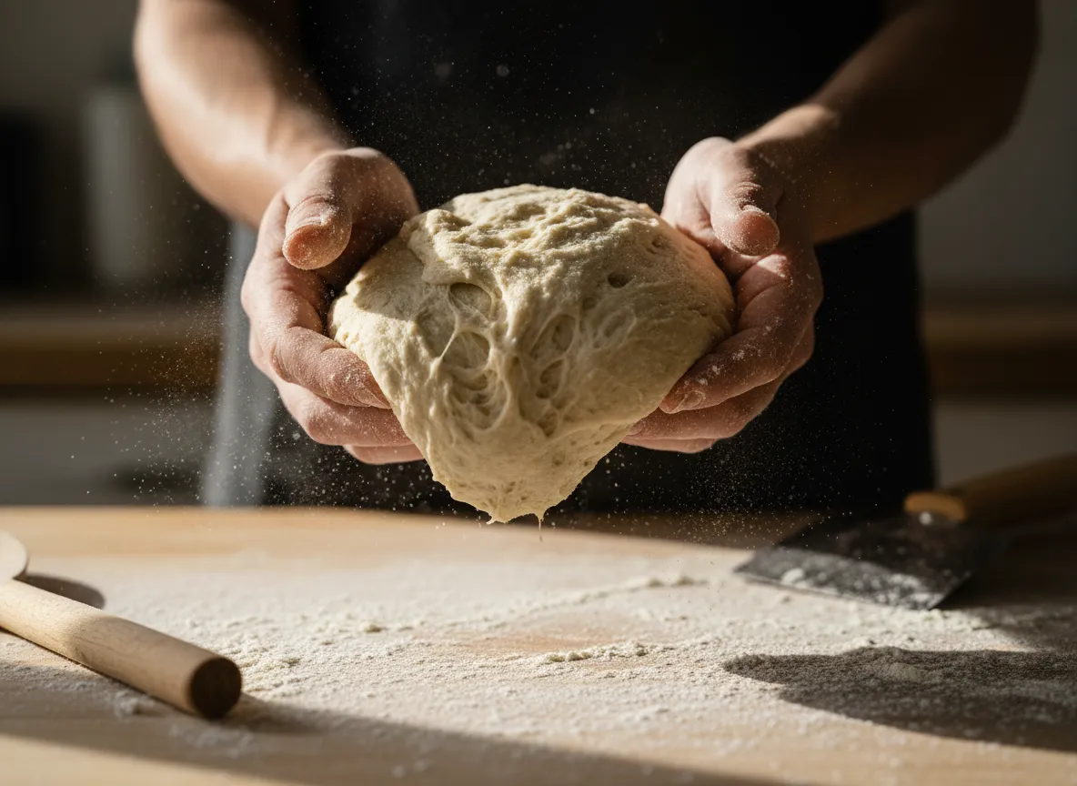 Hands shaping sourdough dough