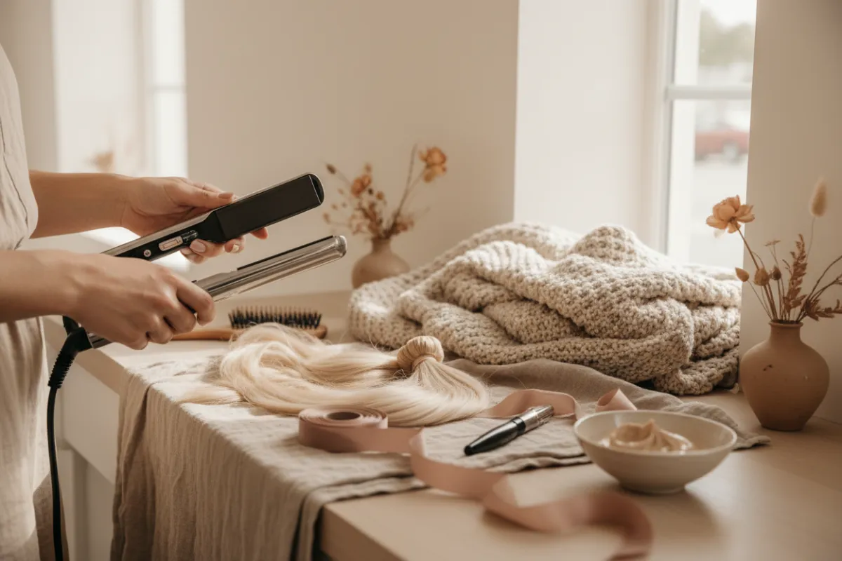 Stylist at work in a beige-toned salon with warm natural light and neutral textures.