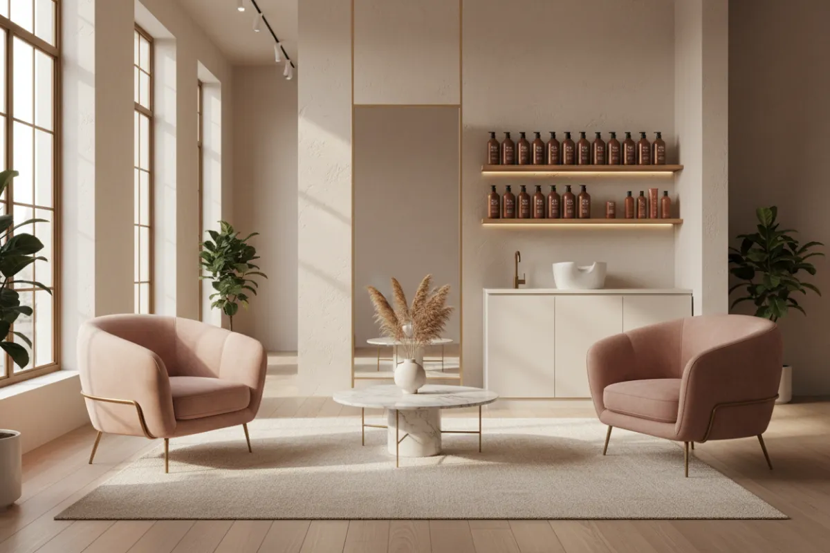 Bright, airy salon interior of H&B Hair and Beauty with elegant blush and neutral decor.