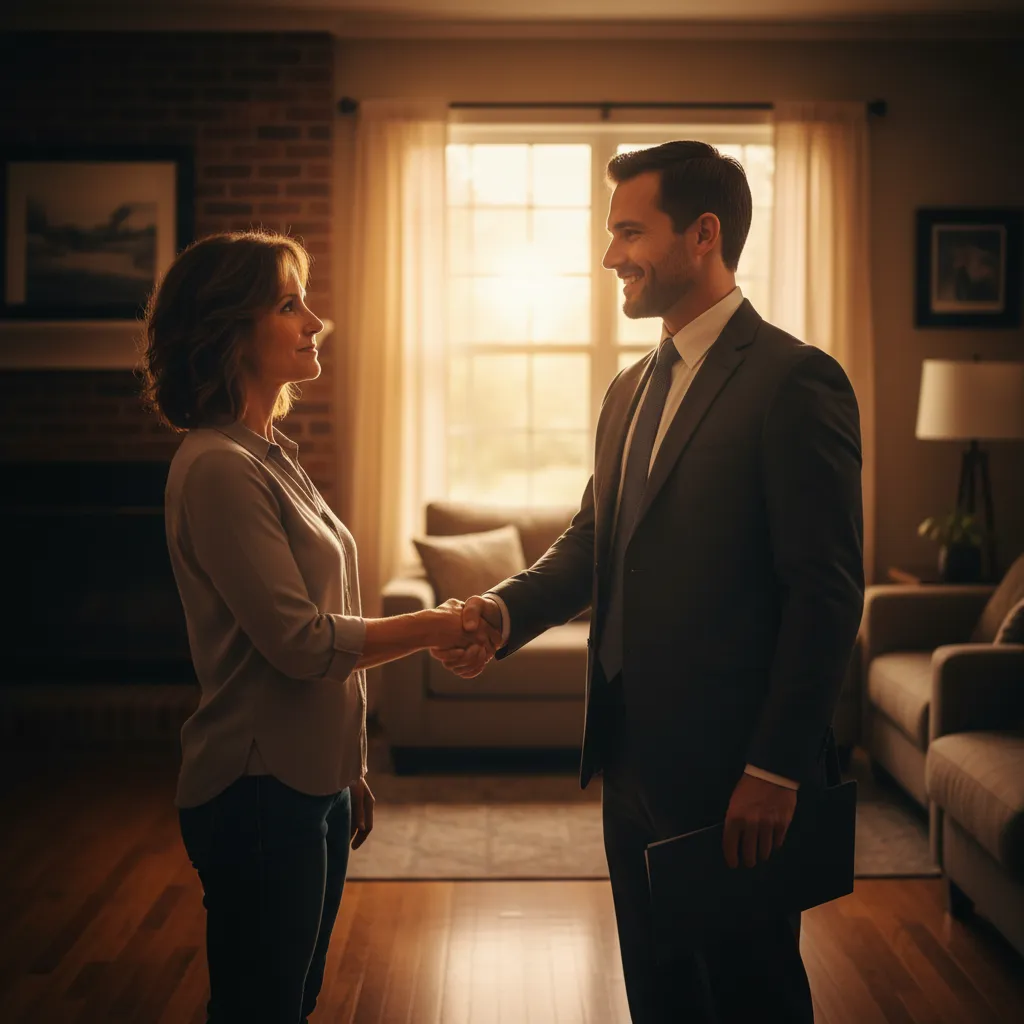 Reassured homeowner shaking hands after successfully stopping foreclosure sale