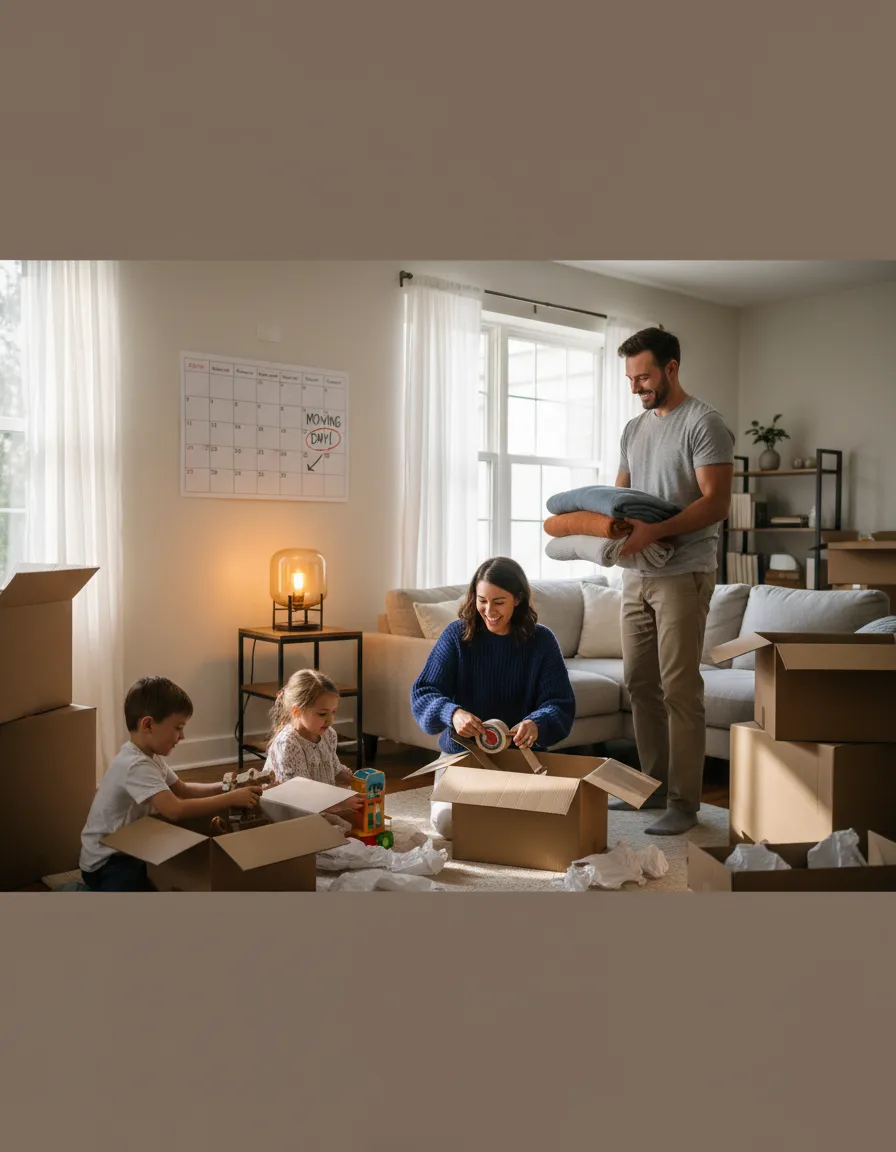 Family packing moving boxes for relocation with calendar highlighted
