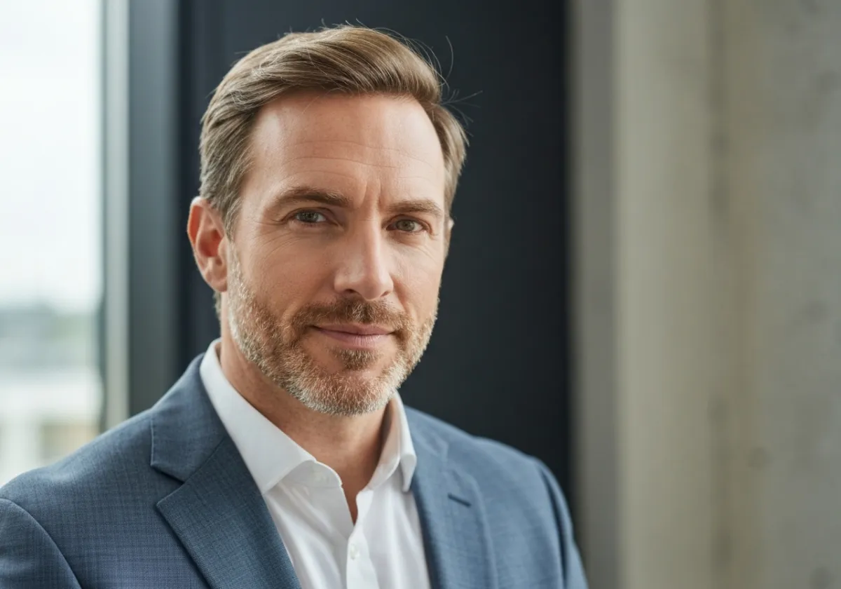 Real American man in a suit in a modern office