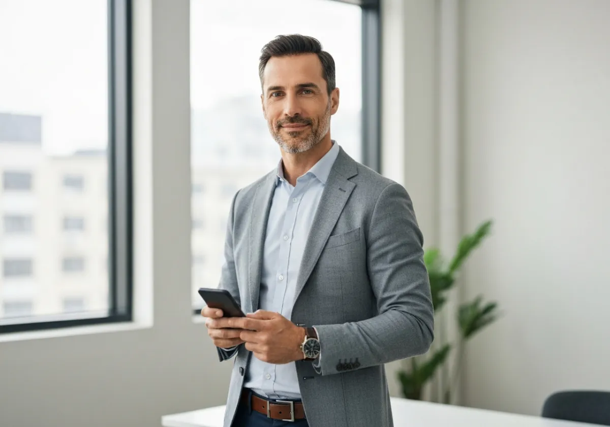 American man on phone in a modern office