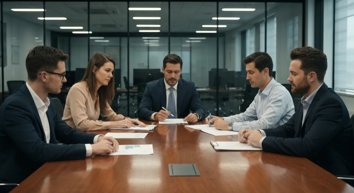 American business team meeting over a desk in a modern office