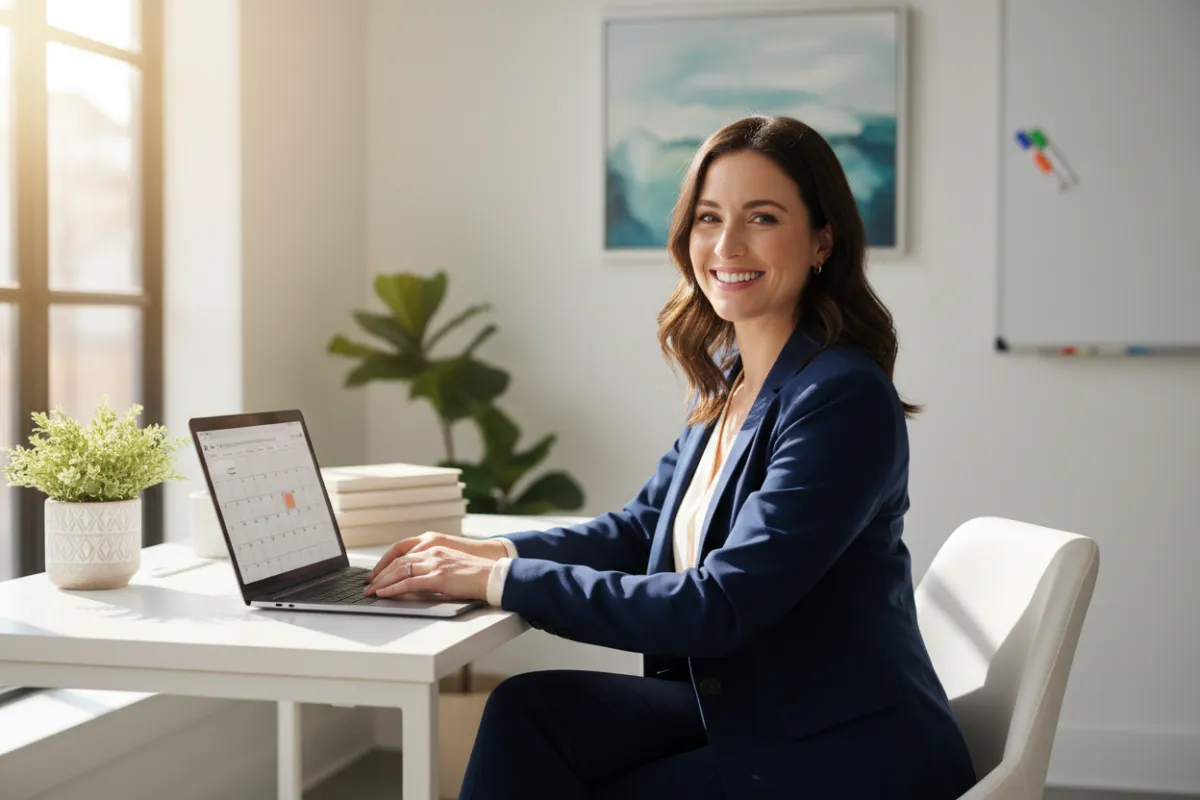 A confident professional woman in business attire, smiling as she schedules an appointment on her laptop in a bright, organized office. The setting conveys readiness and excitement for brain health coaching training enrollment.