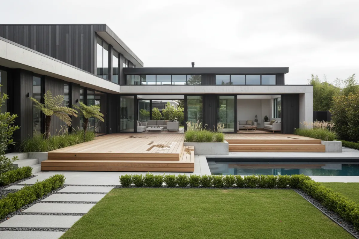 Elegant outdoor patio with modern seating, lush greenery, and soft aqua lighting at dusk. The area is serene, perfect for relaxation or entertaining, and designed for professionals seeking a private retreat.