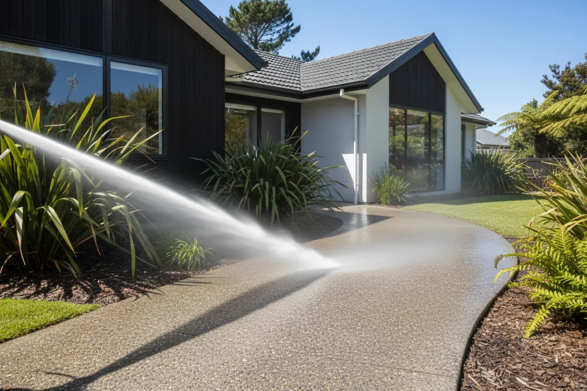 High-contrast photorealistic image of an Auckland home exterior showing a path with a visible before-and-after power washing contrast: one side dirty and one side newly cleaned; no people, daylight.