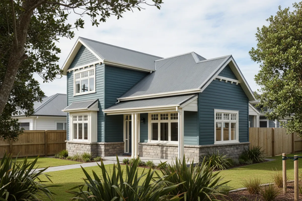 Photorealistic, zoomed-in photo of a freshly painted Auckland house showing siding, roofline, and trim in daylight; exterior painted Dulux Mt Hikurangi, roof in Colorsteel Gull Grey, and trim in Dulux St Clair Quarter.