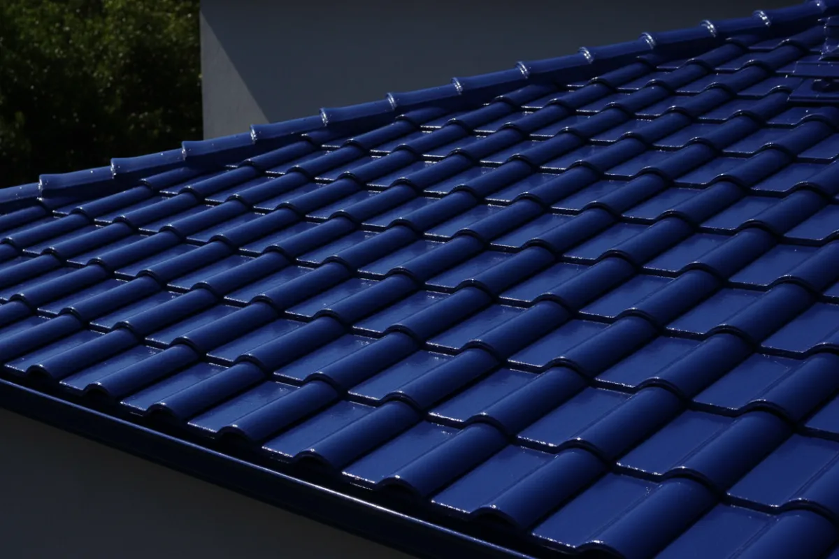 Newly painted roof after renovation, fresh red paint with clean lines, photographed from an angle showing the whole roof.