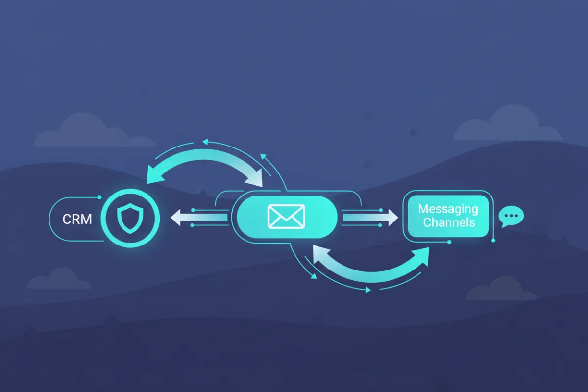 Ilustración de flujos automatizados conectando CRM, email y mensajería con nodos en cian.