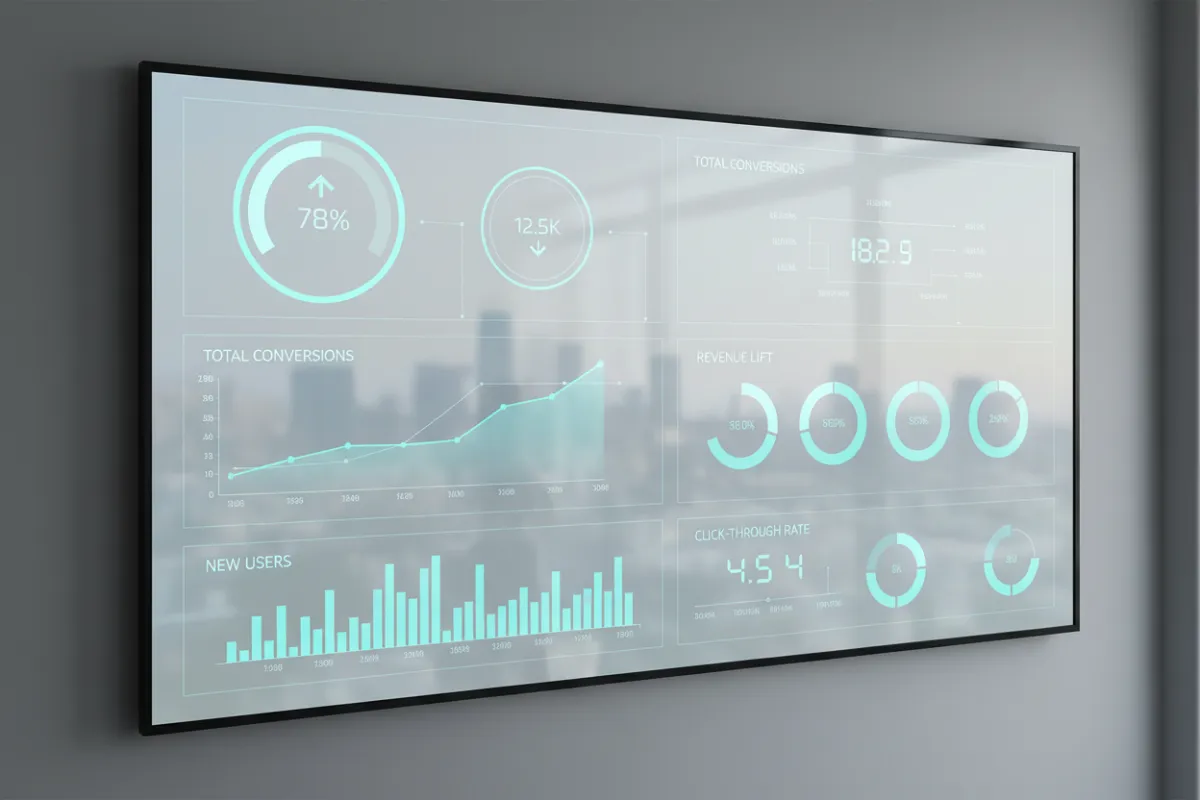 Dashboard en tiempo real con métricas de conversión y gráficos con acentos en cian.