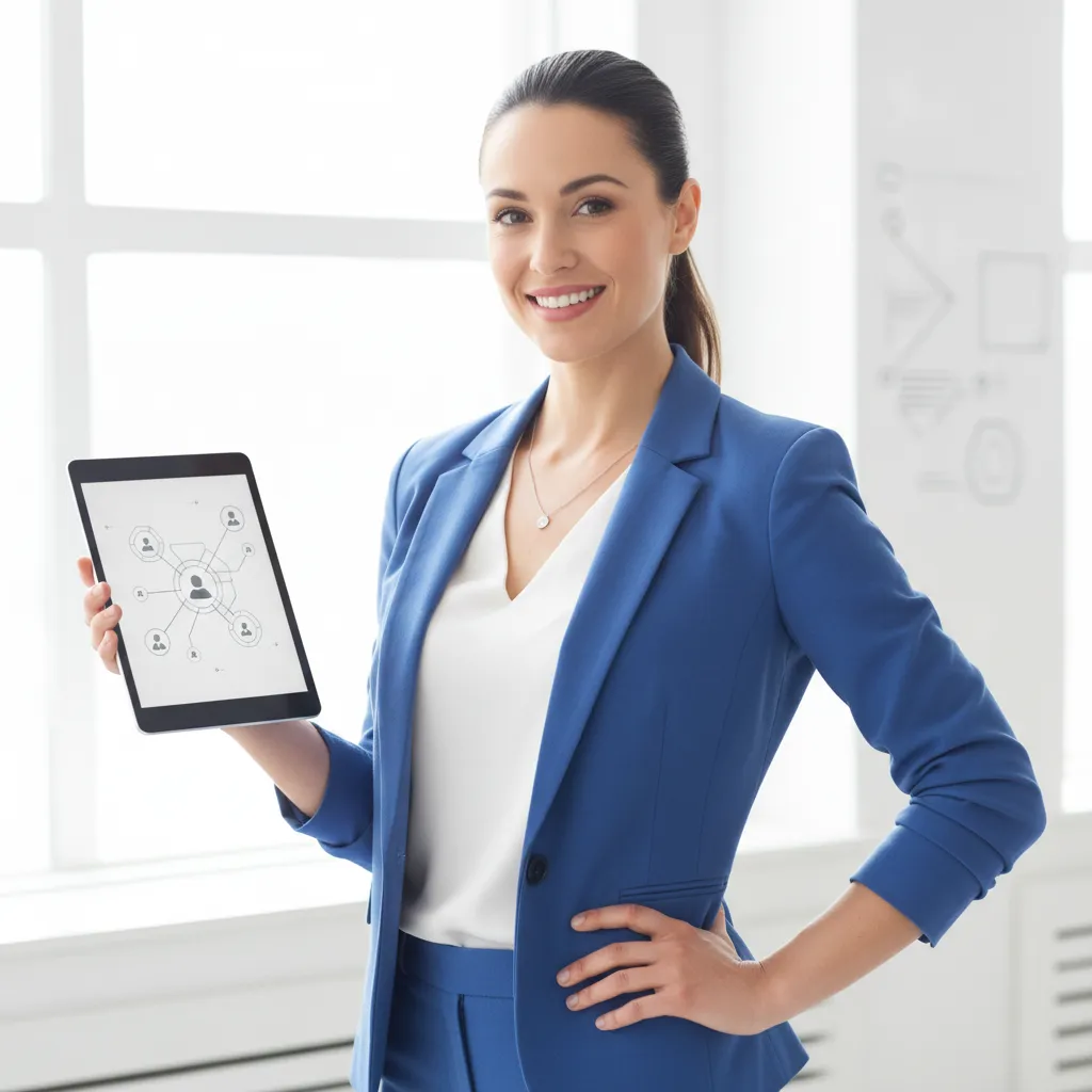 Mentora segura sosteniendo una tablet en un estudio luminoso