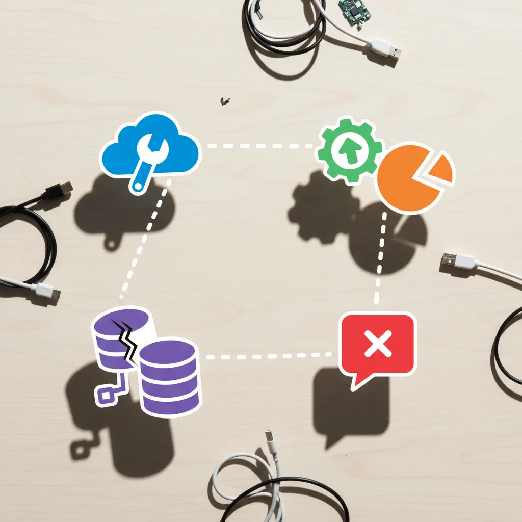 Iconos de múltiples herramientas SaaS sobre un escritorio, representando sistemas desconectados.