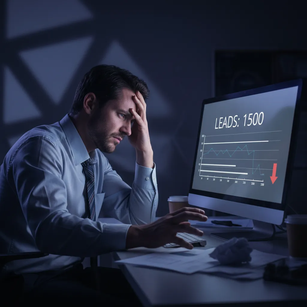 Emprendedor frustrado mirando números de leads estancados en la pantalla