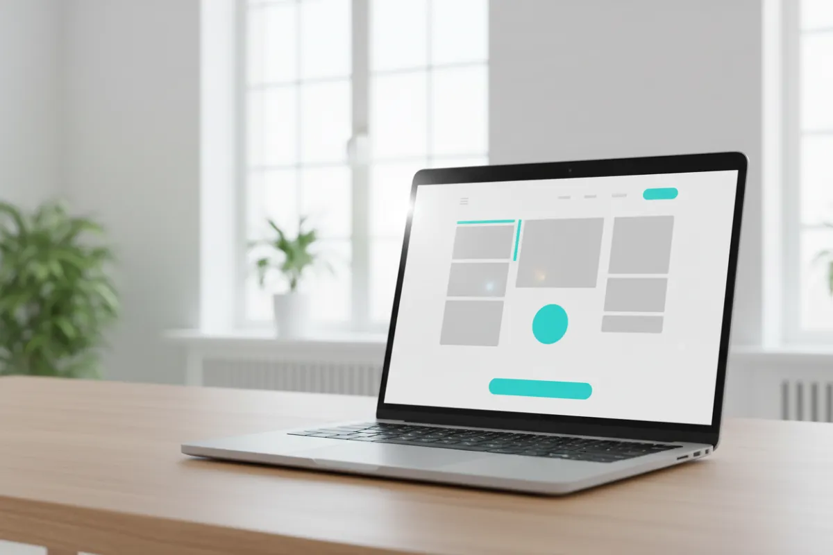 Mockup de sitio web moderno y rápido con resaltados en cian enfocados en conversión.