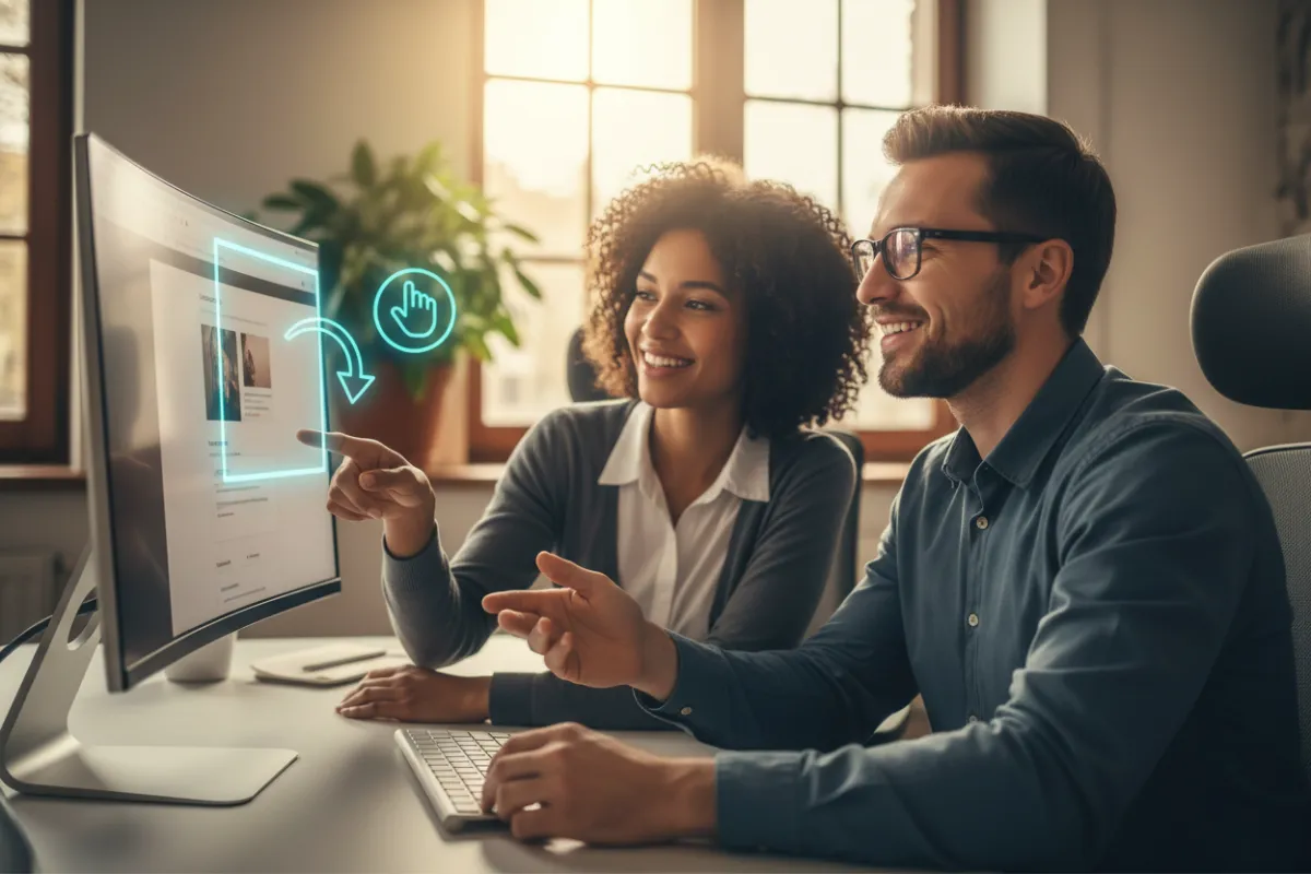 Sesión de soporte con dos personas frente a una pantalla con indicadores y acentos en cian.