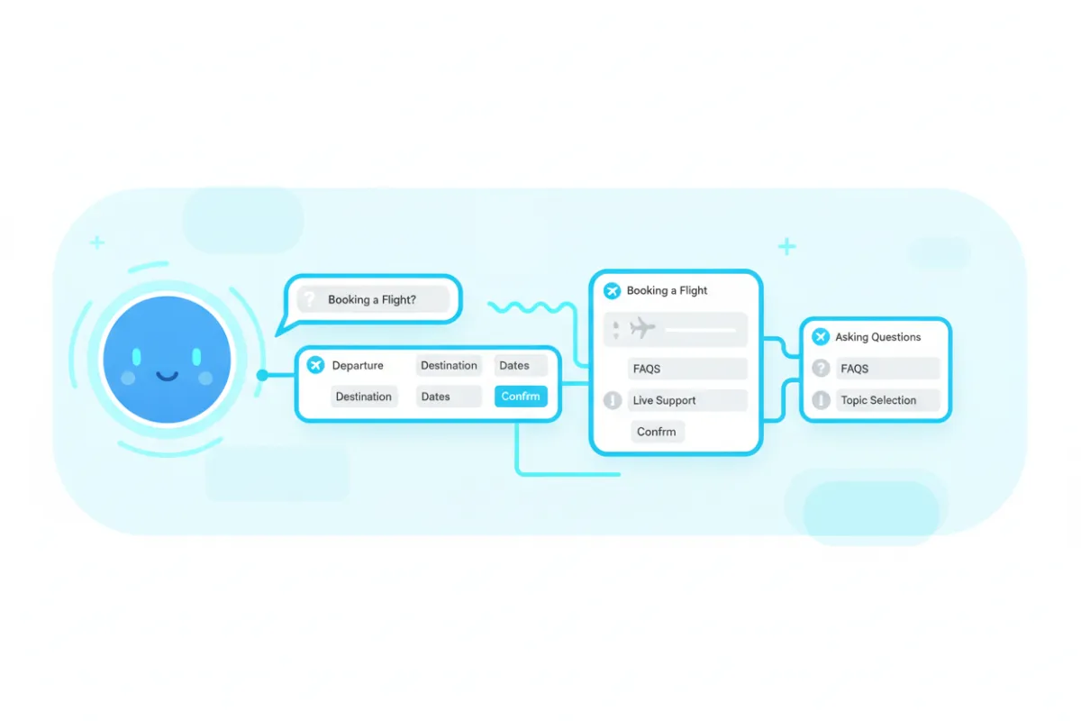 Ilustración de flujo de chat con agente de IA guiando a un usuario con acentos en cian.