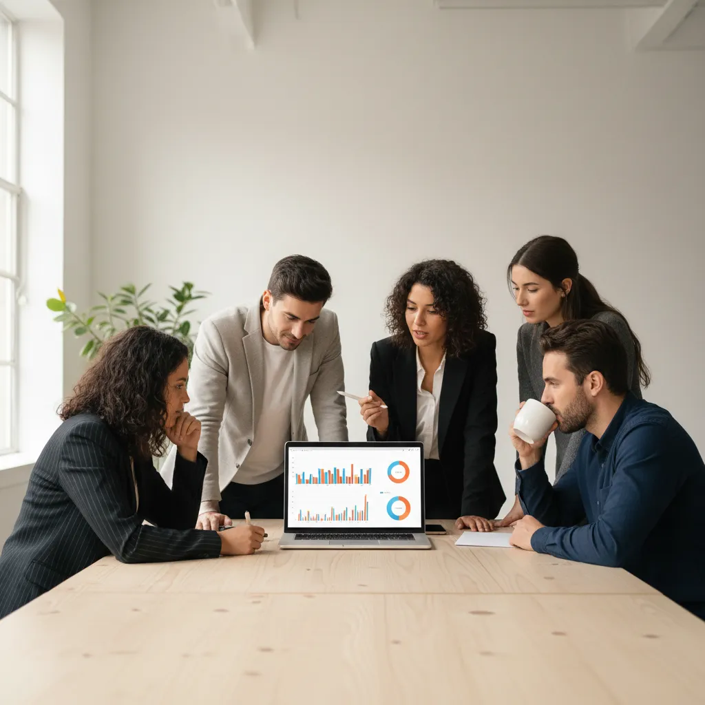 Equipo de agencia digital revisando una campaña en un portátil