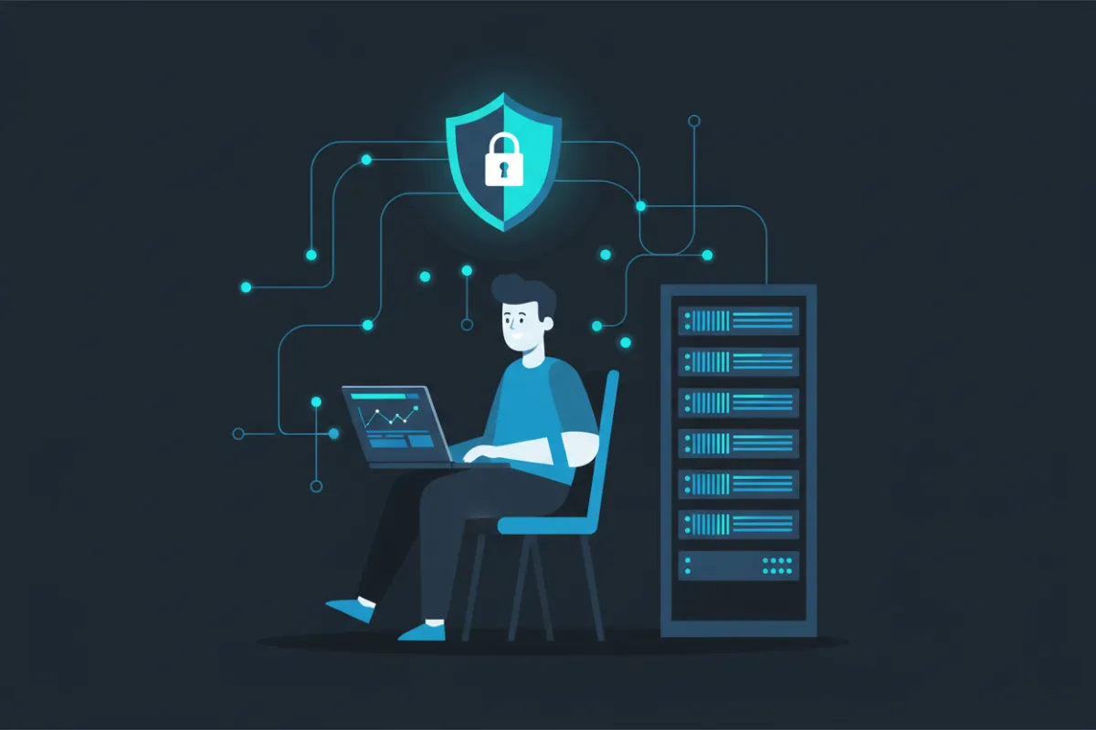 Illustration of a friendly IT technician at a laptop with a server rack, network nodes, and a security shield in blue-cyan flat vector style