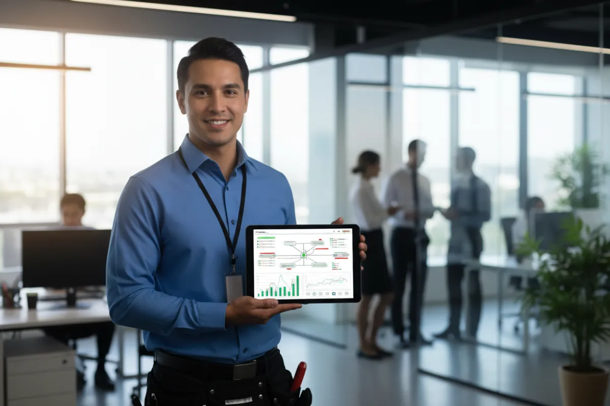 IT professional holding a tablet showing a network dashboard