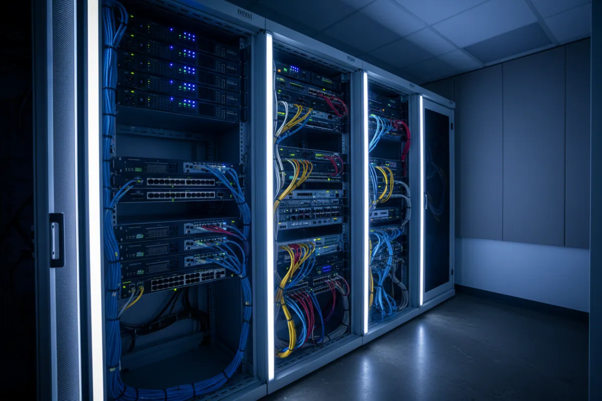 Business network equipment photo: rack servers, routers, switches, and ethernet cabling in a modern office