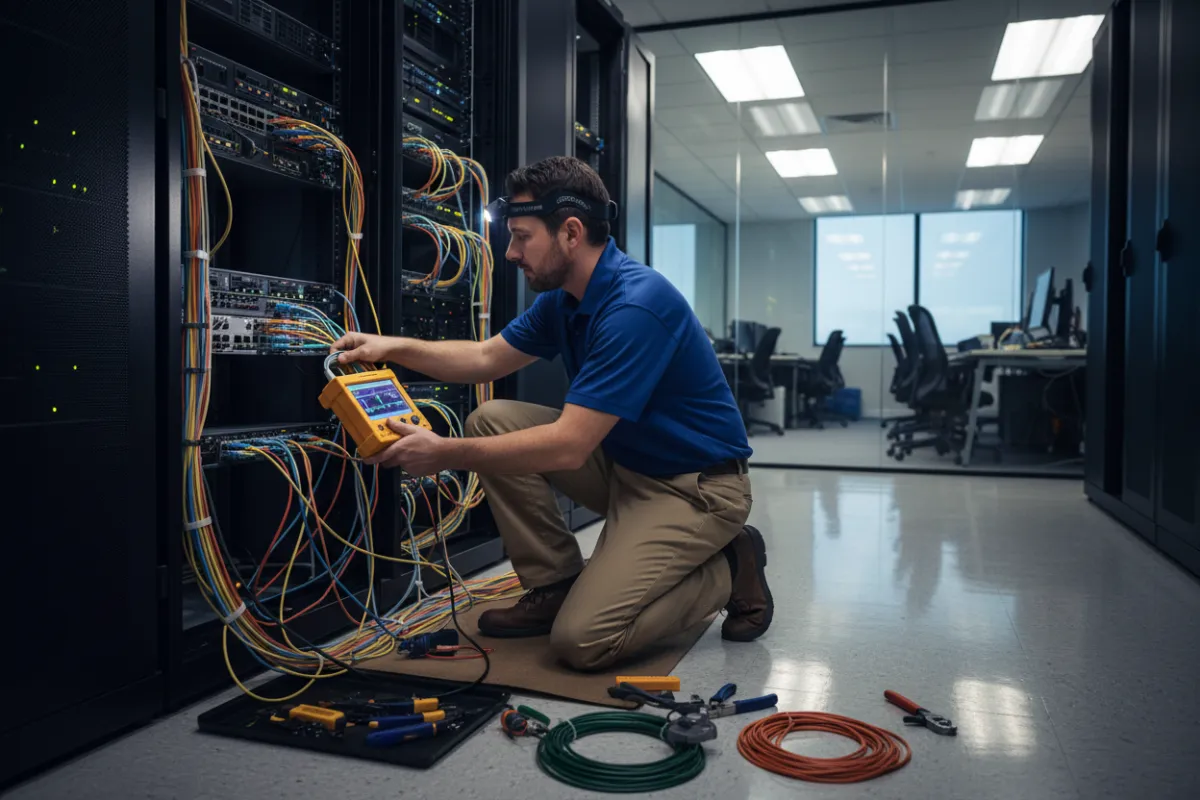 Technician installing or testing fiber/ethernet connections at a business location