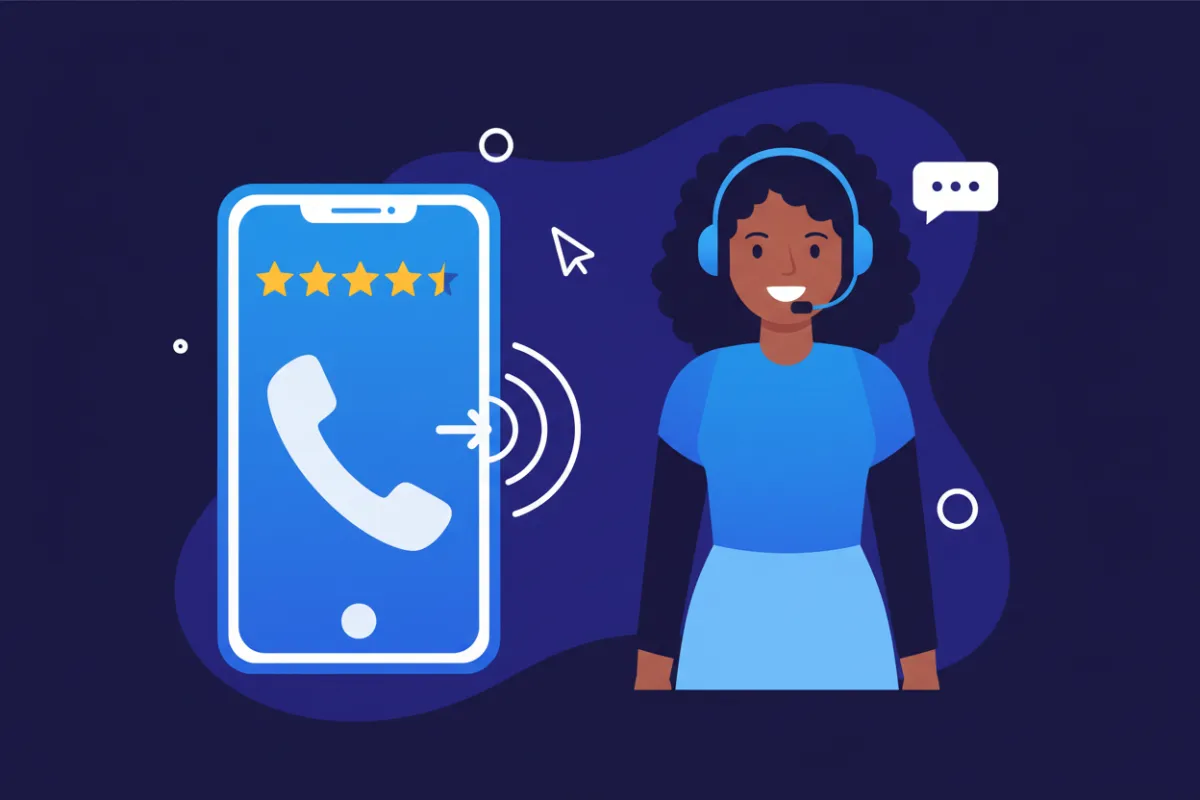 Call Us Now IT support agent with headset, phone icon, fast-response motion lines, and rating stars emphasizing dependable support