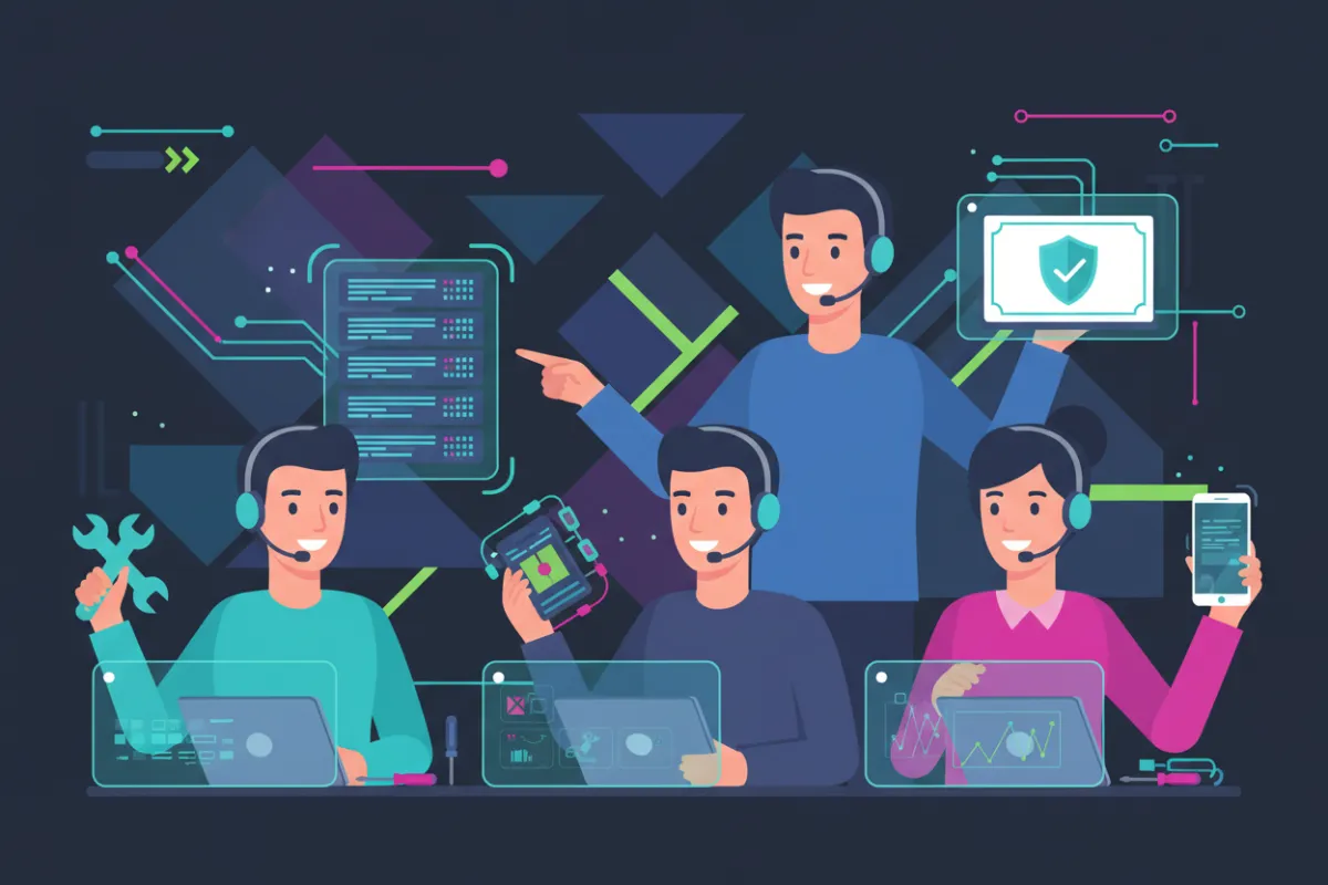 Illustration of certified IT support engineers with headsets and tools, conveying professional trustworthy support