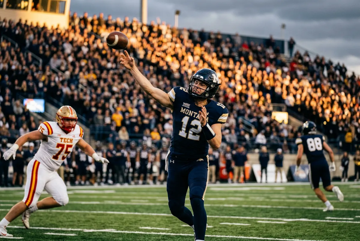 Montana State Bobcats quarterback firing a deep pass downfield at Bobcat Stadium