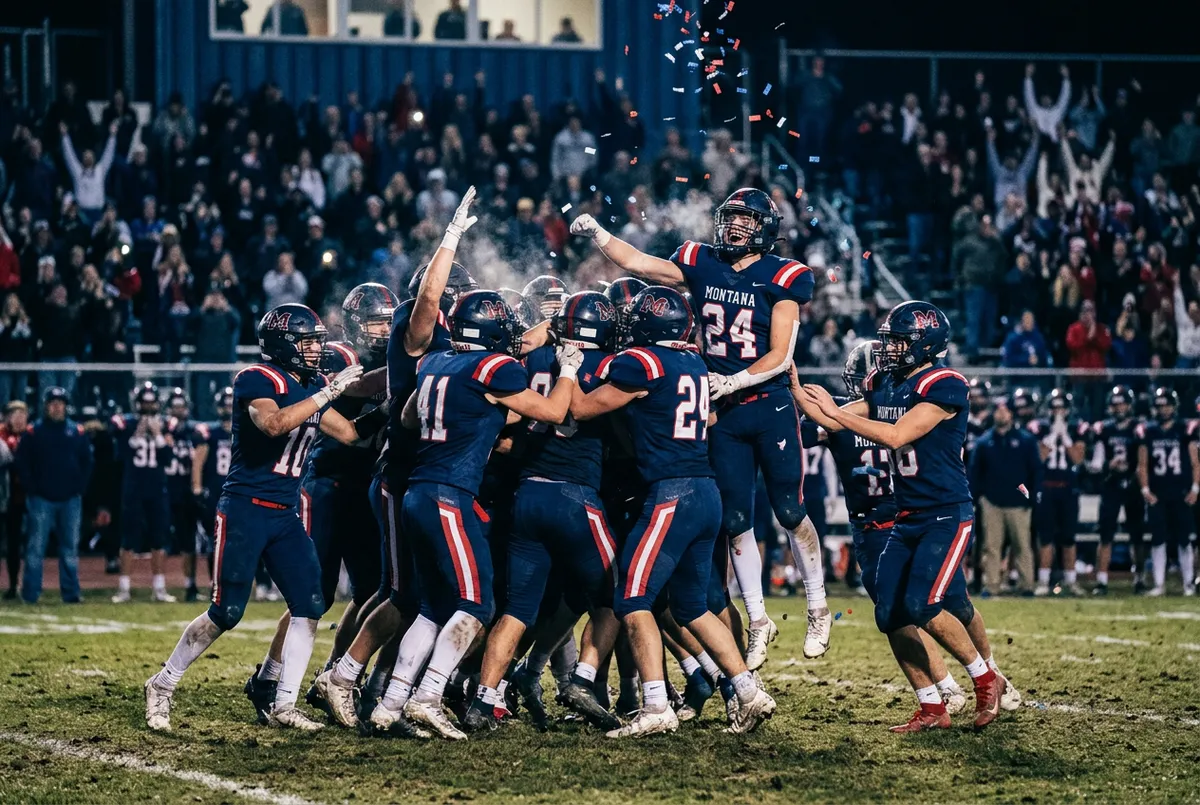 High school football team celebrating a game-winning touchdown under stadium lights