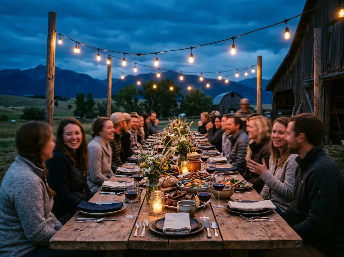 Outdoor evening farm table dinner illuminated with string lights under big sky