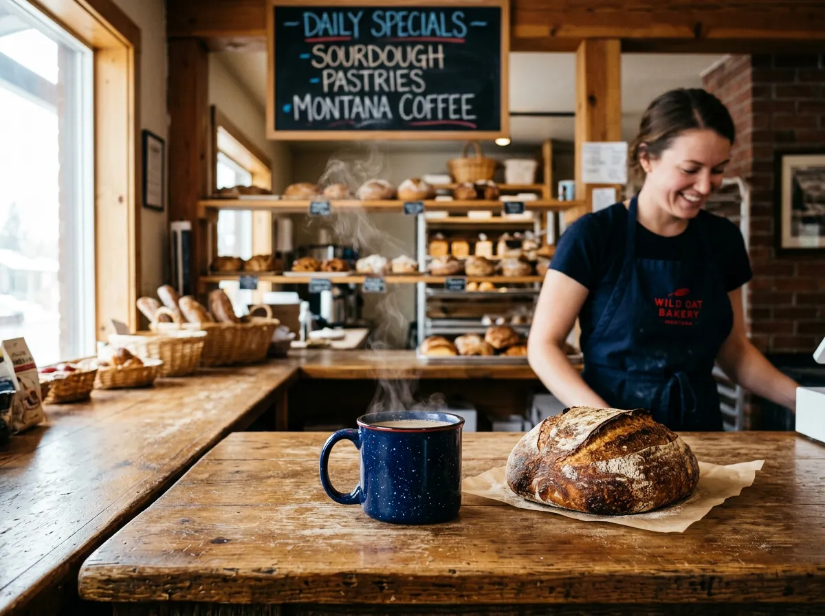 Cozy rustic bakery serving warm sourdough and coffee in Livingston