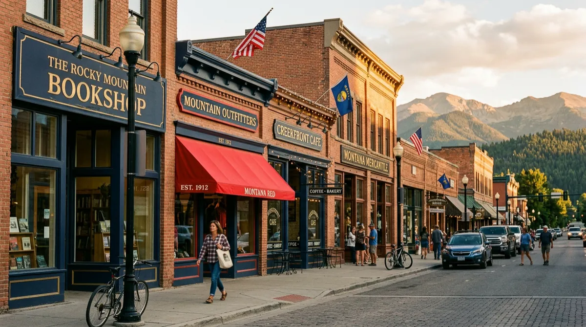 Historic brick storefronts along a vibrant Montana mountain town Main Street