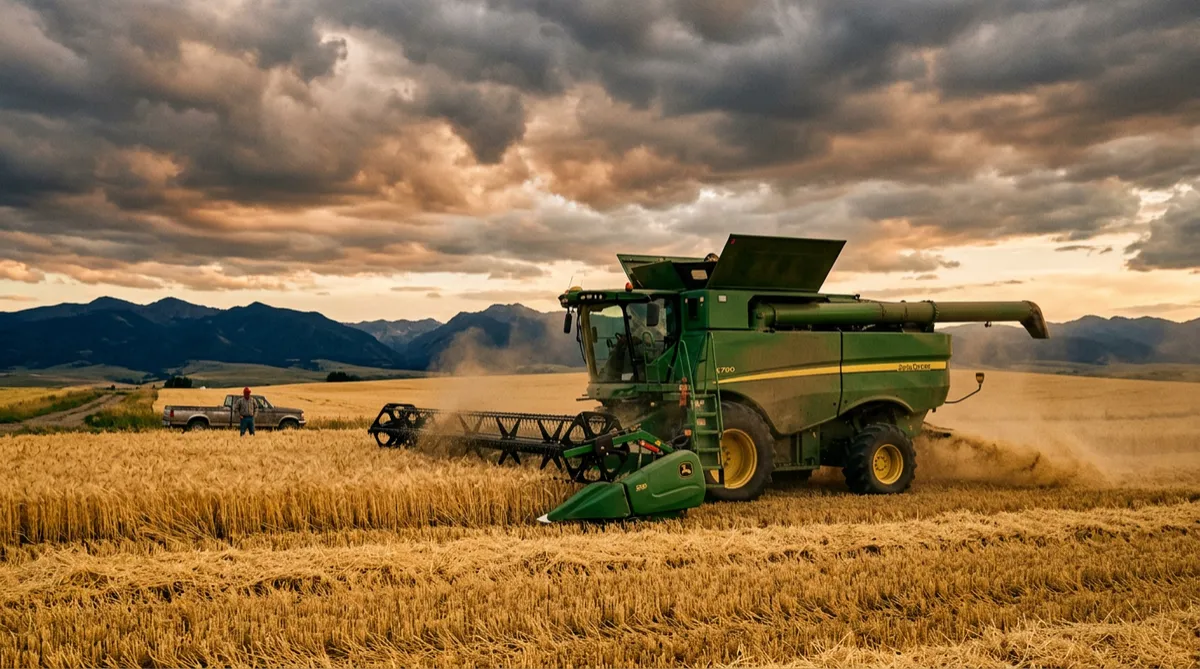 Montana wheat harvest combine working golden prairie fields at sunset