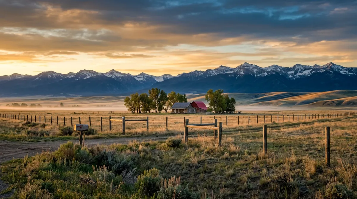 Montana high plains ranch landscape at dawn with snowcapped peaks in background