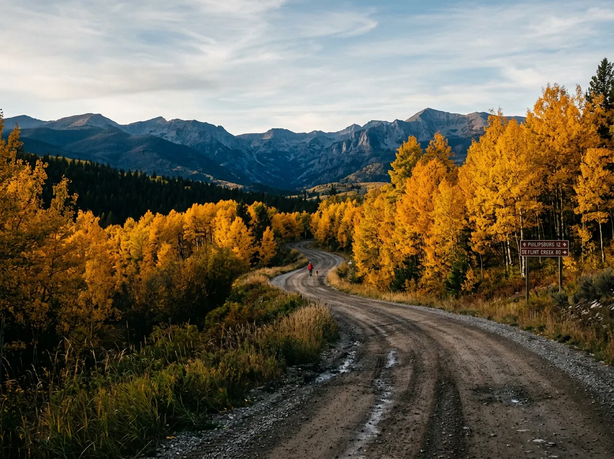 Scenic gravel road winding through autumn golden aspens near Philipsburg