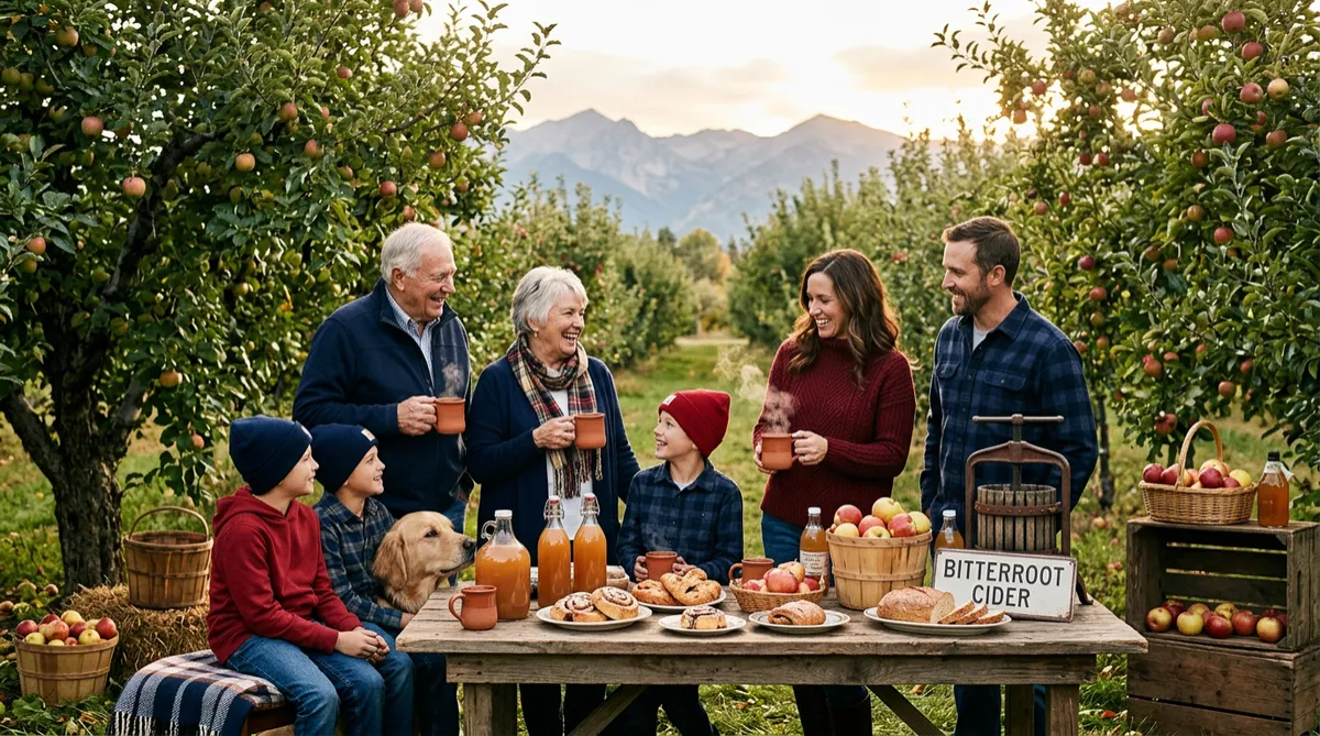 Rustic family orchard gathering in the Bitterroot Valley with fresh pressed cider and pastries