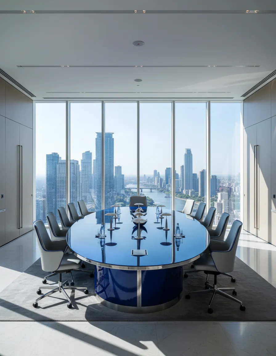 Modern financial boardroom with subtle royal blue tint