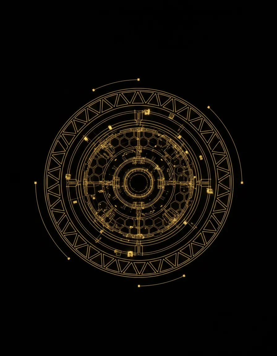 Abstract geometric AI system architecture in gold and black