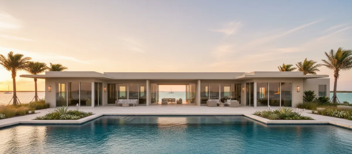 Modern Suncoast home exterior at sunset with warm neutral tones